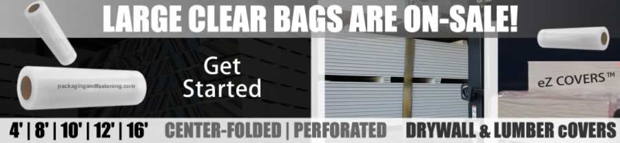 Large plastic covers for building materials - drywall bags or sheetrock covers are available at packagingandfastening.com online.